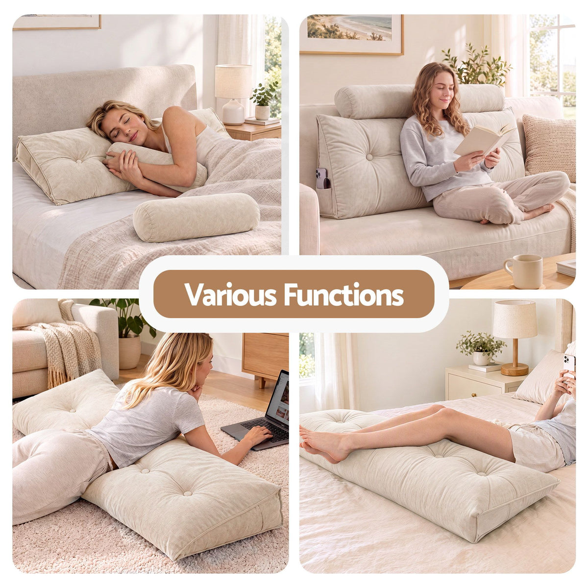 Artiss Headboard Pillow Double Wedge Backrest Triangular with 2 Cushions Beige-Furniture > Bedroom > Headboards-PEROZ Accessories
