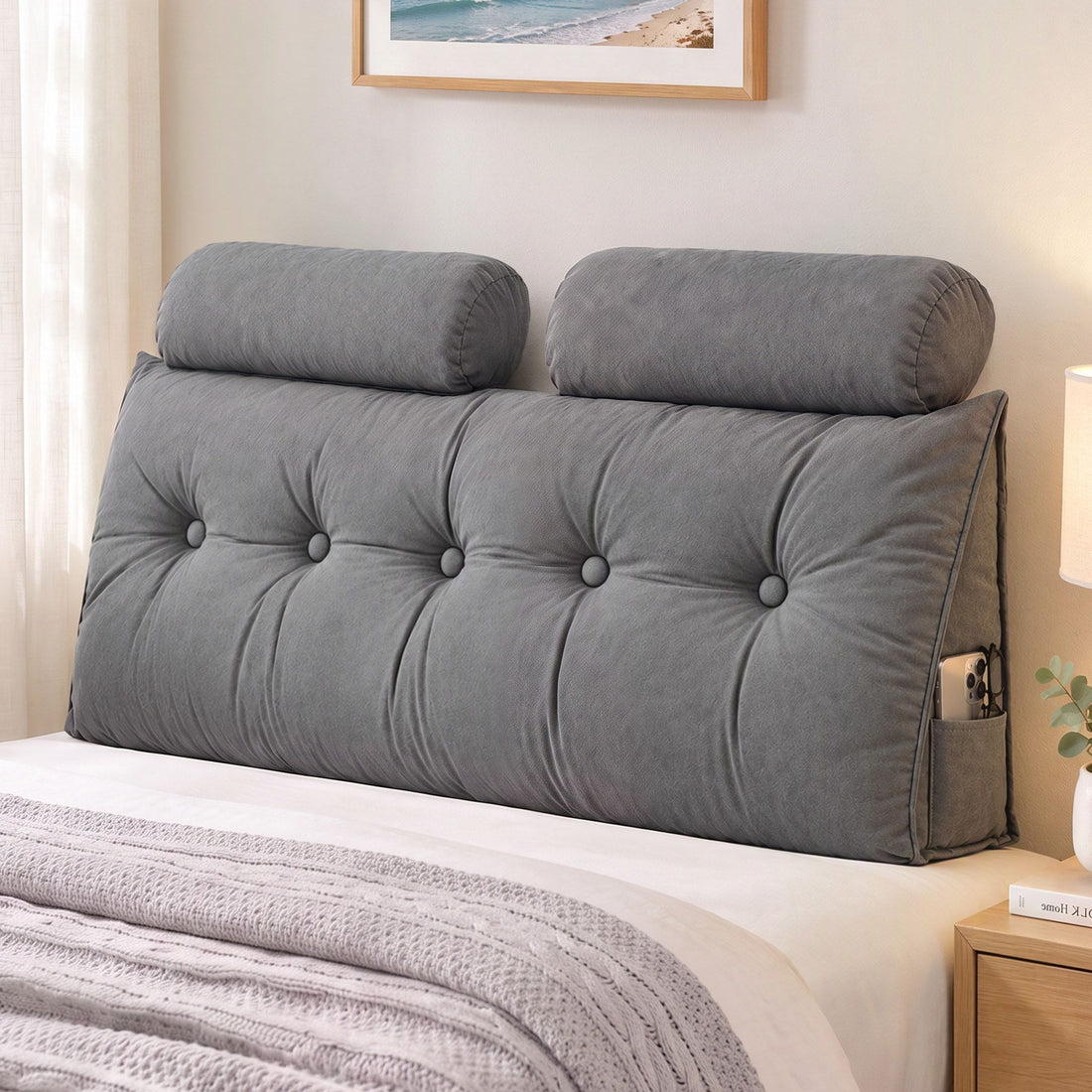 Artiss Headboard Pillow Double Wedge Backrest Triangular with 2 Cushions Grey-Furniture > Bedroom > Headboards-PEROZ Accessories