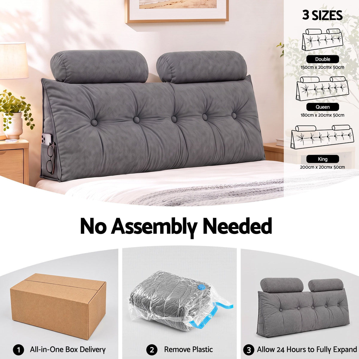 Artiss Headboard Pillow Double Wedge Backrest Triangular with 2 Cushions Grey