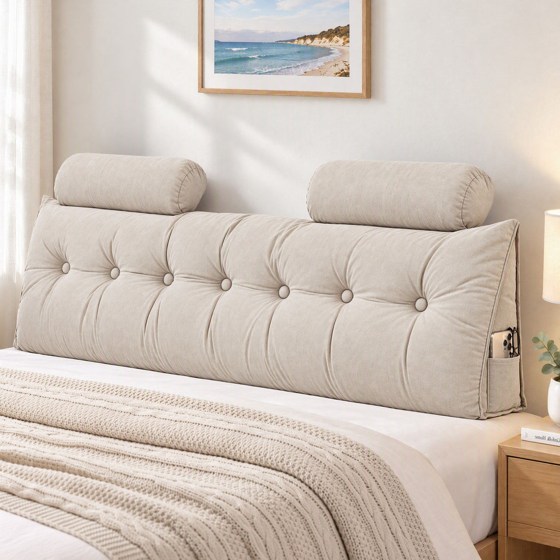 Artiss Headboard Pillow King Wedge Backrest Triangular with 2 Cushions Beige-Furniture > Bedroom > Headboards-PEROZ Accessories