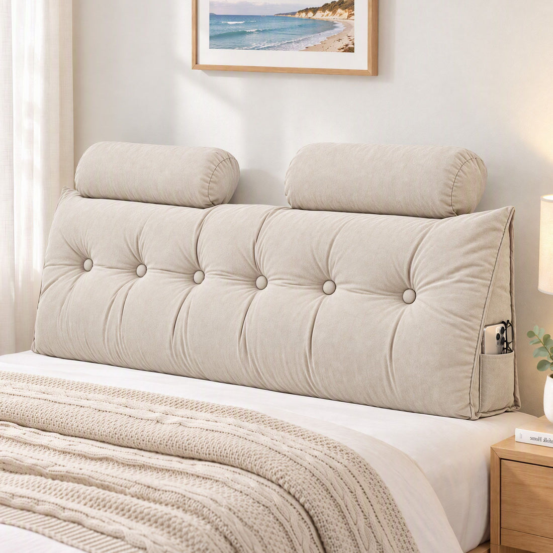 Artiss Headboard Pillow Queen Wedge Backrest Triangular with 2 Cushions Beige-Furniture > Bedroom > Headboards-PEROZ Accessories