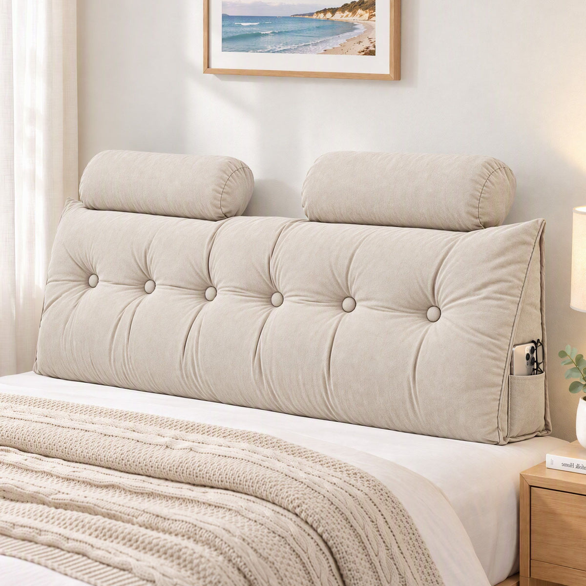 Artiss Headboard Pillow Queen Wedge Backrest Triangular with 2 Cushions Beige-Furniture > Bedroom > Headboards-PEROZ Accessories