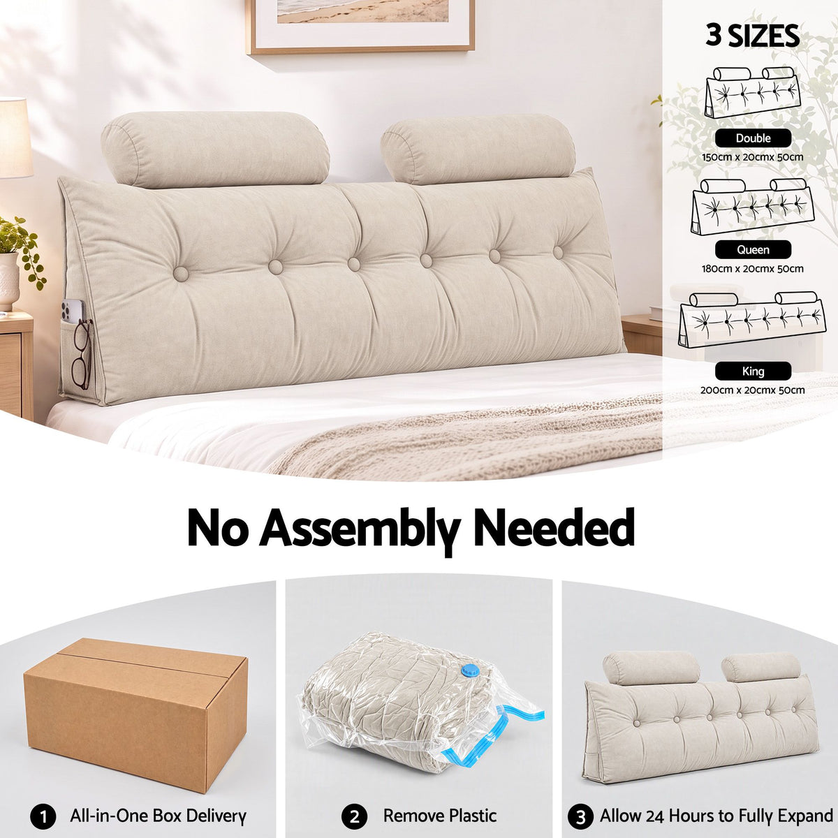 Artiss Headboard Pillow Queen Wedge Backrest Triangular with 2 Cushions Beige-Furniture > Bedroom > Headboards-PEROZ Accessories