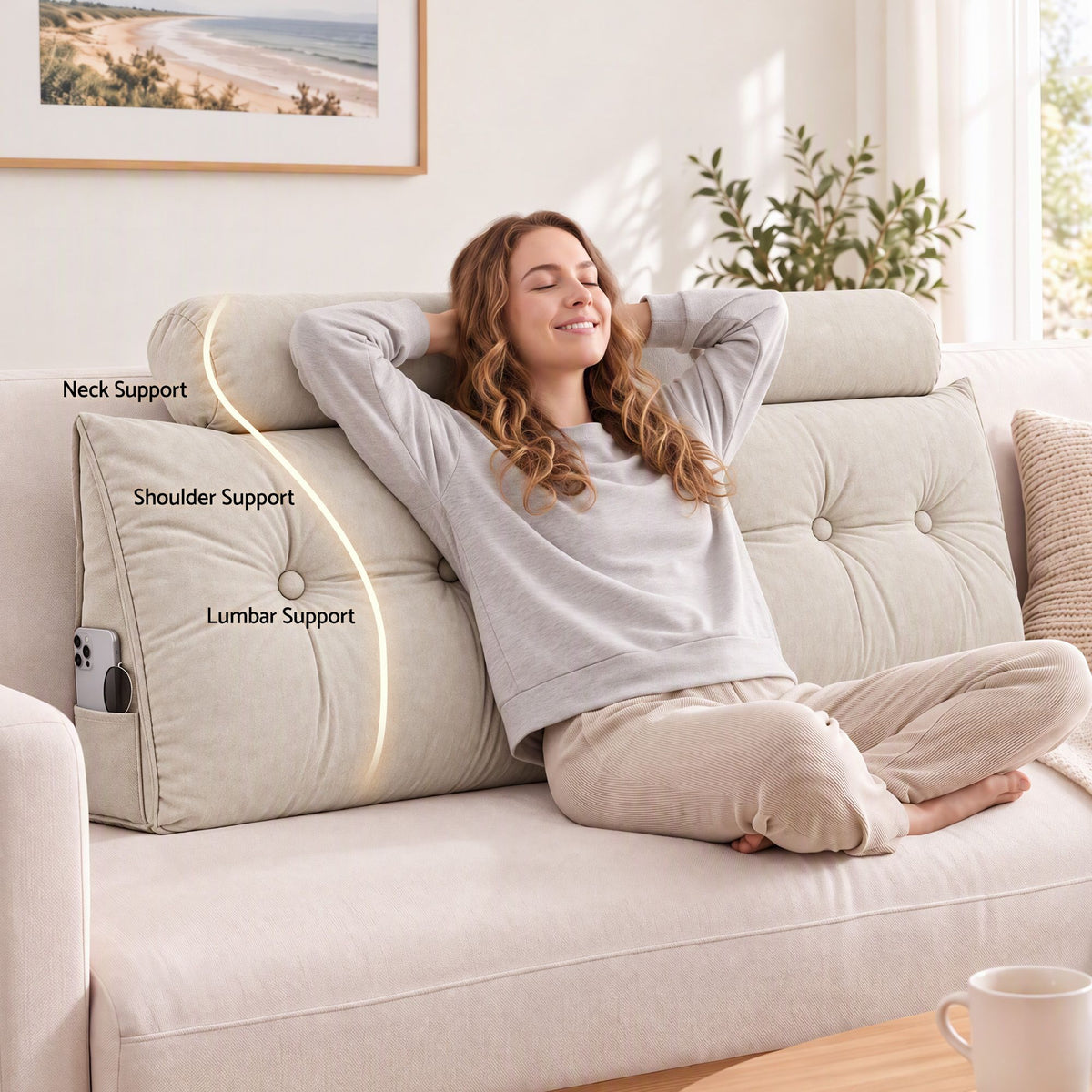 Artiss Headboard Pillow Queen Wedge Backrest Triangular with 2 Cushions Beige-Furniture > Bedroom > Headboards-PEROZ Accessories