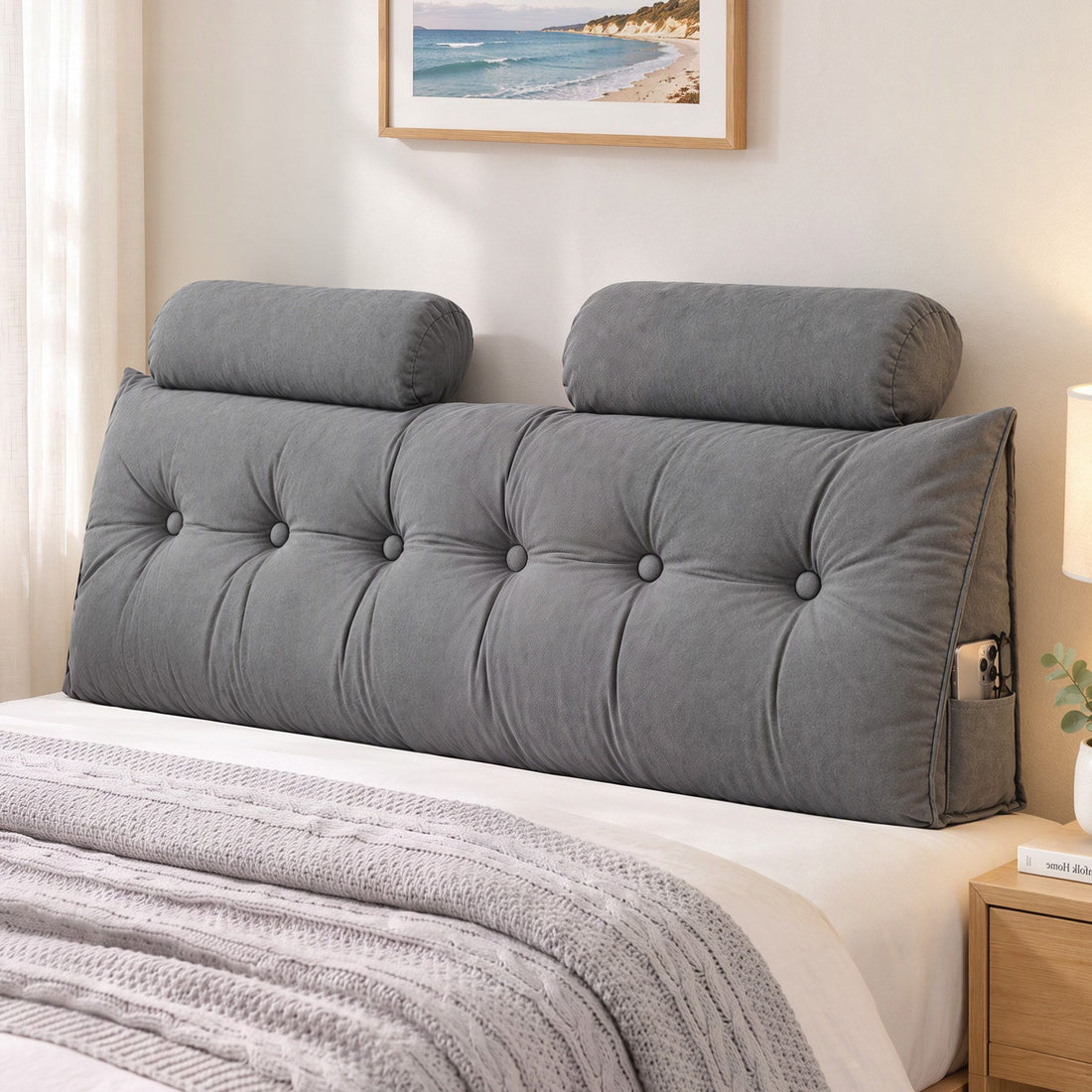 Artiss Headboard Pillow Queen Wedge Backrest Triangular with 2 Cushions Grey-Furniture > Bedroom > Headboards-PEROZ Accessories