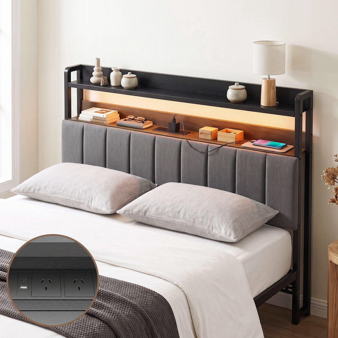 Artiss Double Headboard Charging Station Storage LED Light Grey Upholstered-Furniture > Bedroom > Headboards-PEROZ Accessories