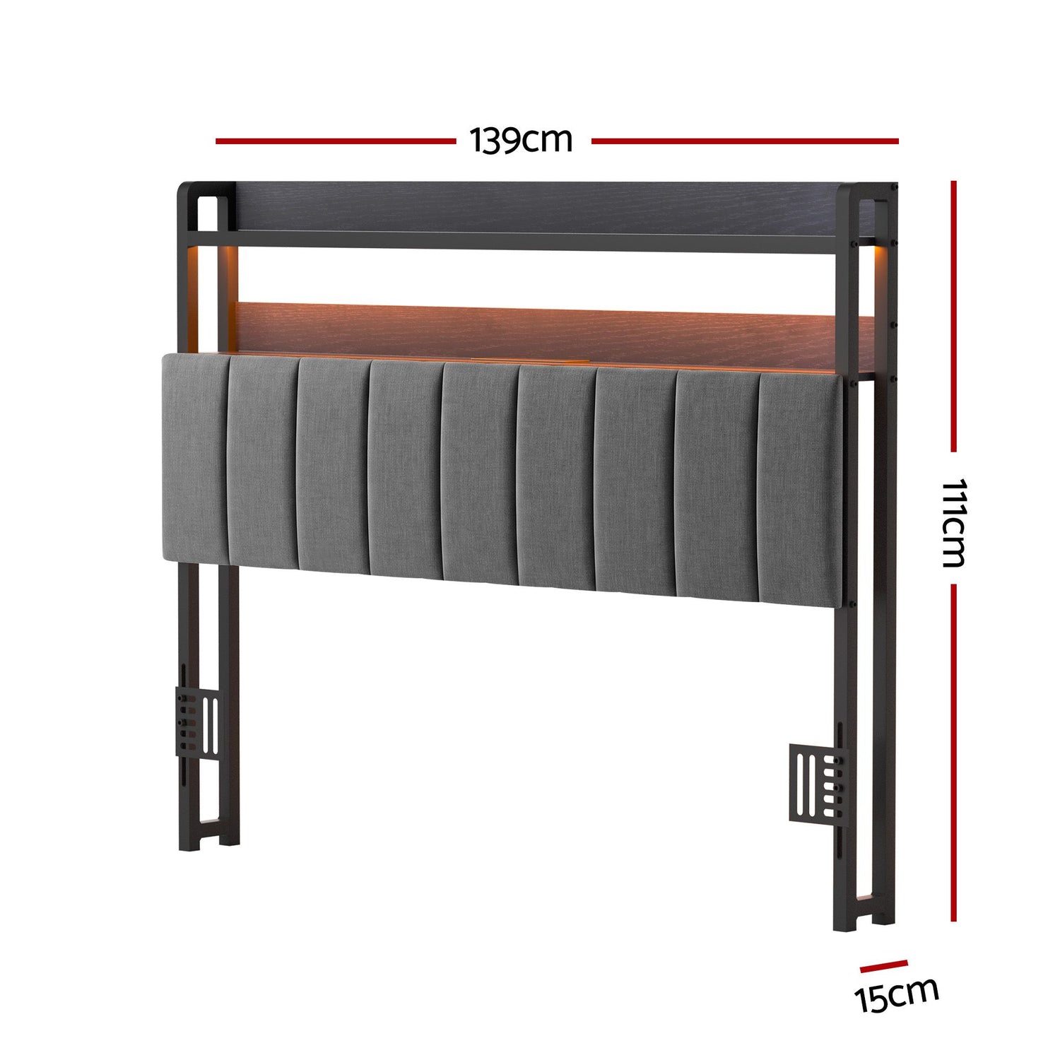 Artiss Double Headboard Charging Station Storage LED Light Grey Upholstered