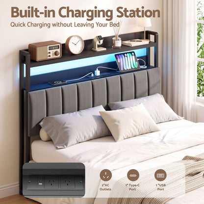 Artiss Double Headboard Charging Station Storage LED Light Grey Upholstered