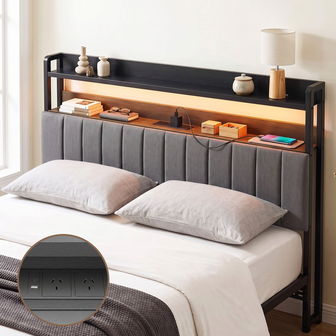 Artiss King Headboard Charging Station Storage LED Light Grey Upholstered-Furniture > Bedroom > Headboards-PEROZ Accessories
