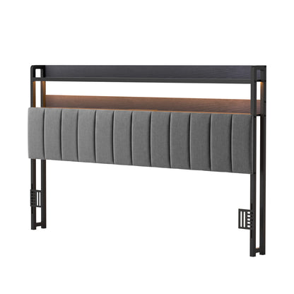 Artiss King Headboard Charging Station Storage LED Light Grey Upholstered