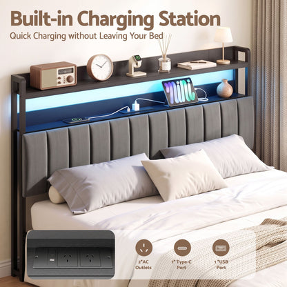 Artiss King Headboard Charging Station Storage LED Light Grey Upholstered