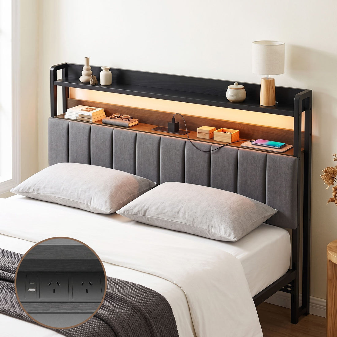 Artiss Queen Headboard Charging Station Storage LED Light Grey Upholstered-Furniture > Bedroom > Headboards-PEROZ Accessories