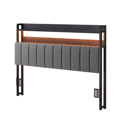 Artiss Queen Headboard Charging Station Storage LED Light Grey Upholstered