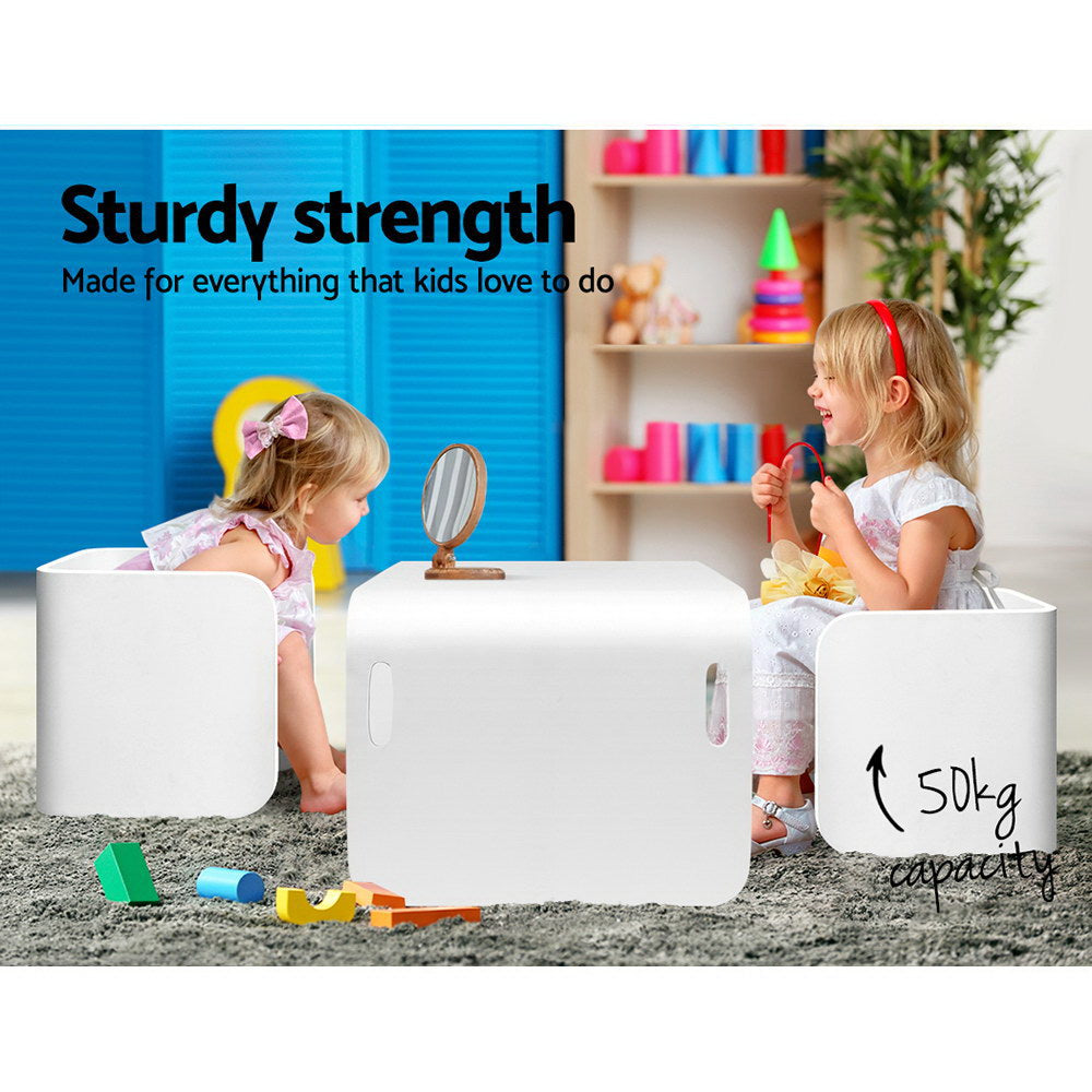 Keezi 3PCS Kids Table and Chairs Set Multifunctional Storage Desk White-Table &amp; Chairs Sets-PEROZ Accessories