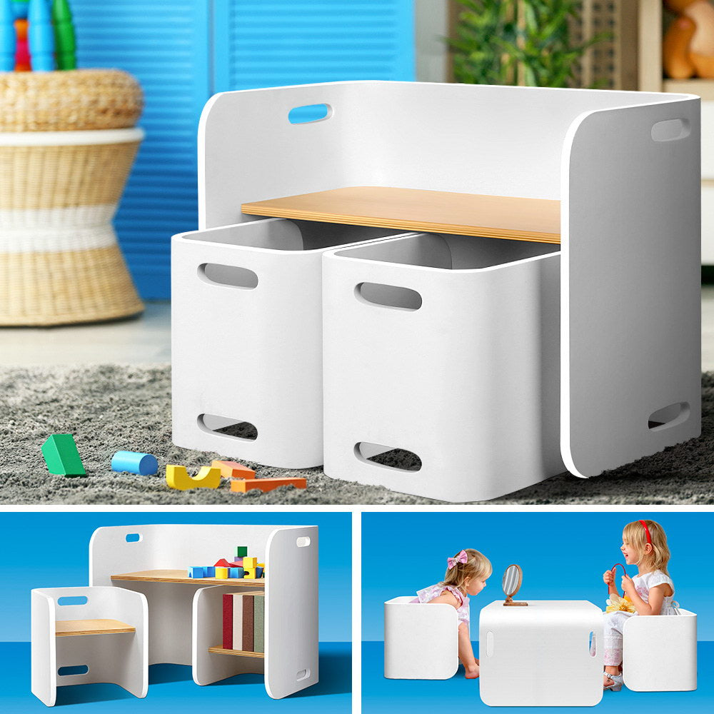 Keezi 3PCS Kids Table and Chairs Set Multifunctional Storage Desk White-Table &amp; Chairs Sets-PEROZ Accessories