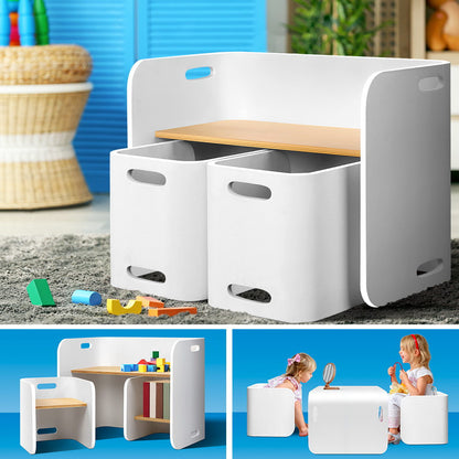 Keezi 3PCS Kids Table and Chairs Set Multifunctional Storage Desk White-Table &amp; Chairs Sets-PEROZ Accessories