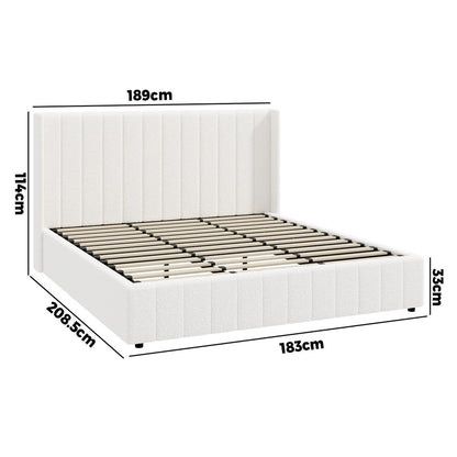 Oikiture Bed Frame King Size Gas Lift Base Boucle Fabric White-Bed Frame-PEROZ Accessories