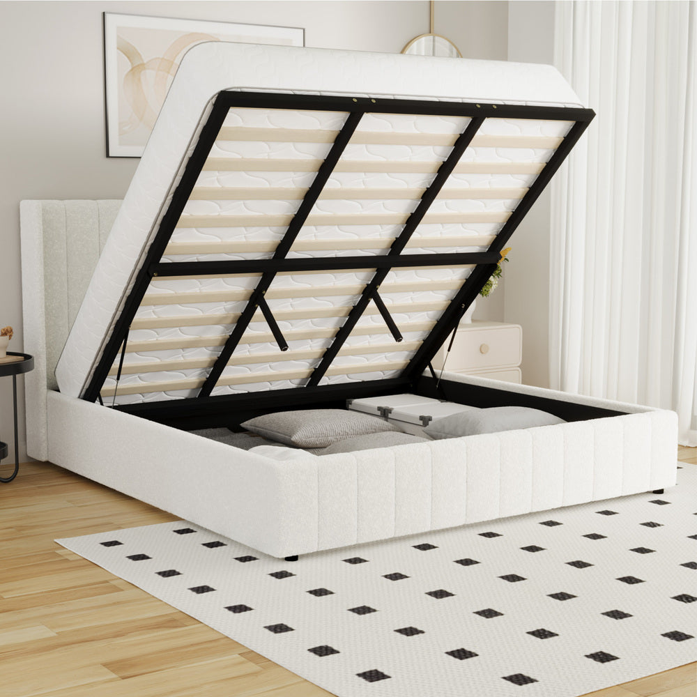Oikiture Bed Frame King Size Gas Lift Base Boucle Fabric White-Bed Frame-PEROZ Accessories