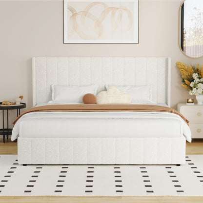 Oikiture Bed Frame King Size Gas Lift Base Boucle Fabric White-Bed Frame-PEROZ Accessories