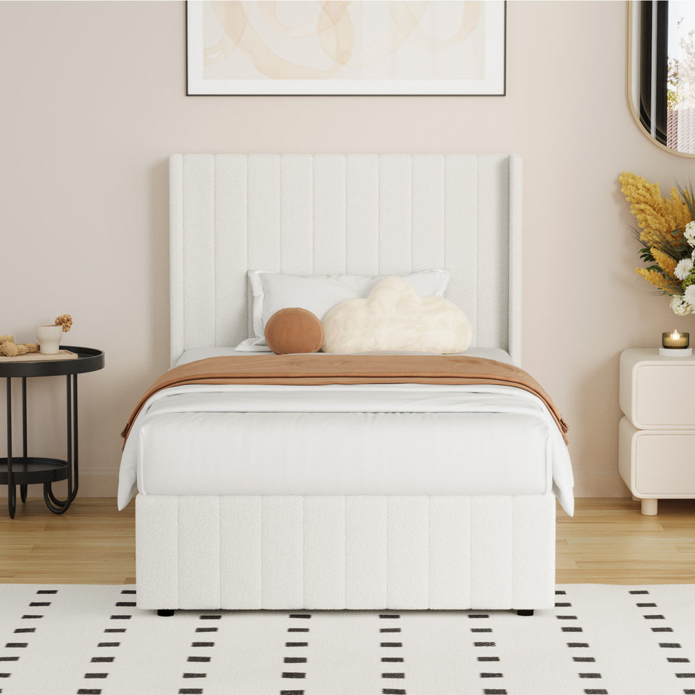 Oikiture Bed Frame King Single Gas Lift Base Boucle Fabric White-Bed Frame-PEROZ Accessories