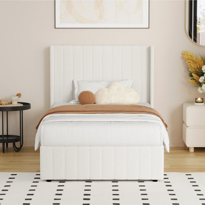 Oikiture Bed Frame King Single Gas Lift Base Boucle Fabric White-Bed Frame-PEROZ Accessories