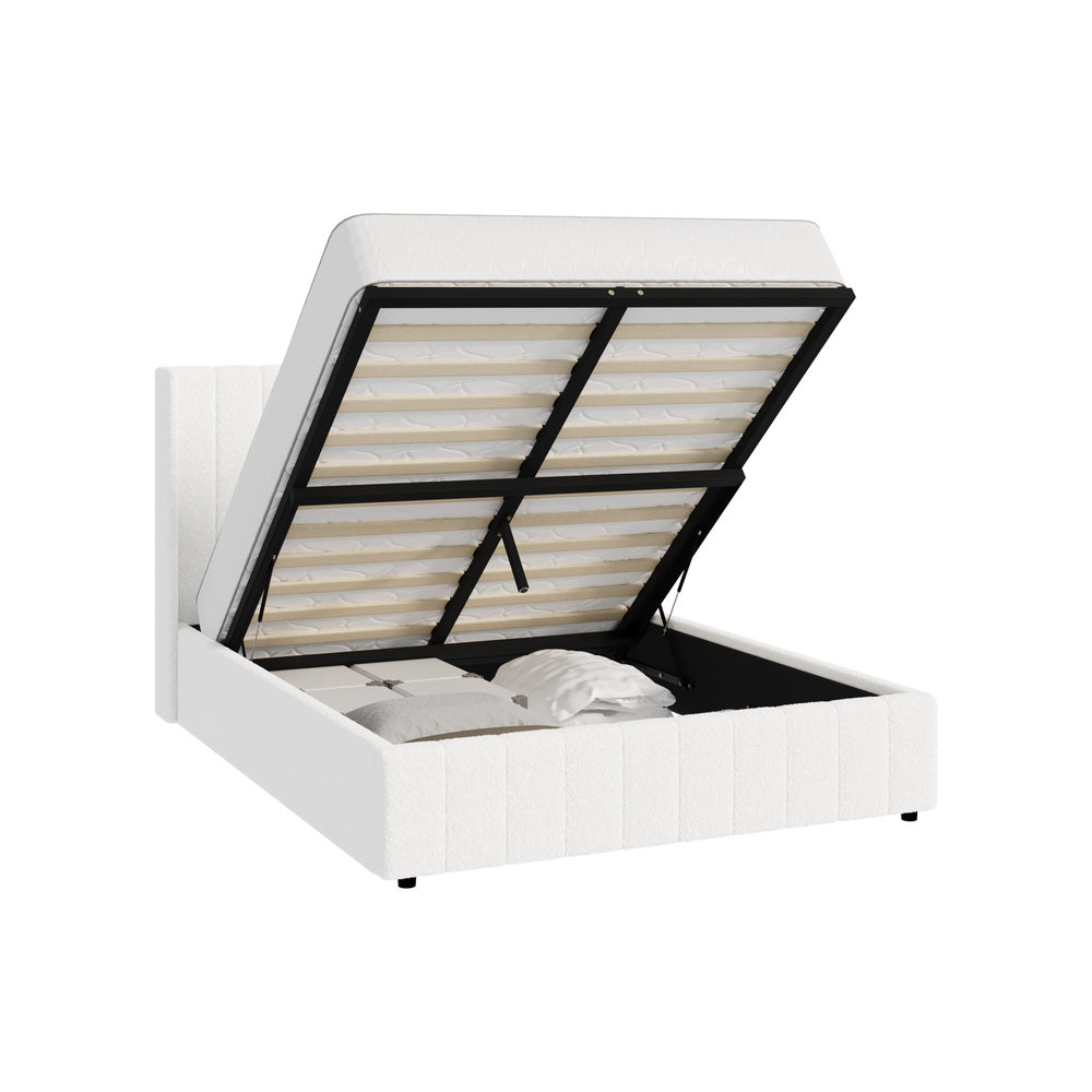 Oikiture Bed Frame Queen Size Gas Lift Base Boucle Fabric White-Bed Frame-PEROZ Accessories