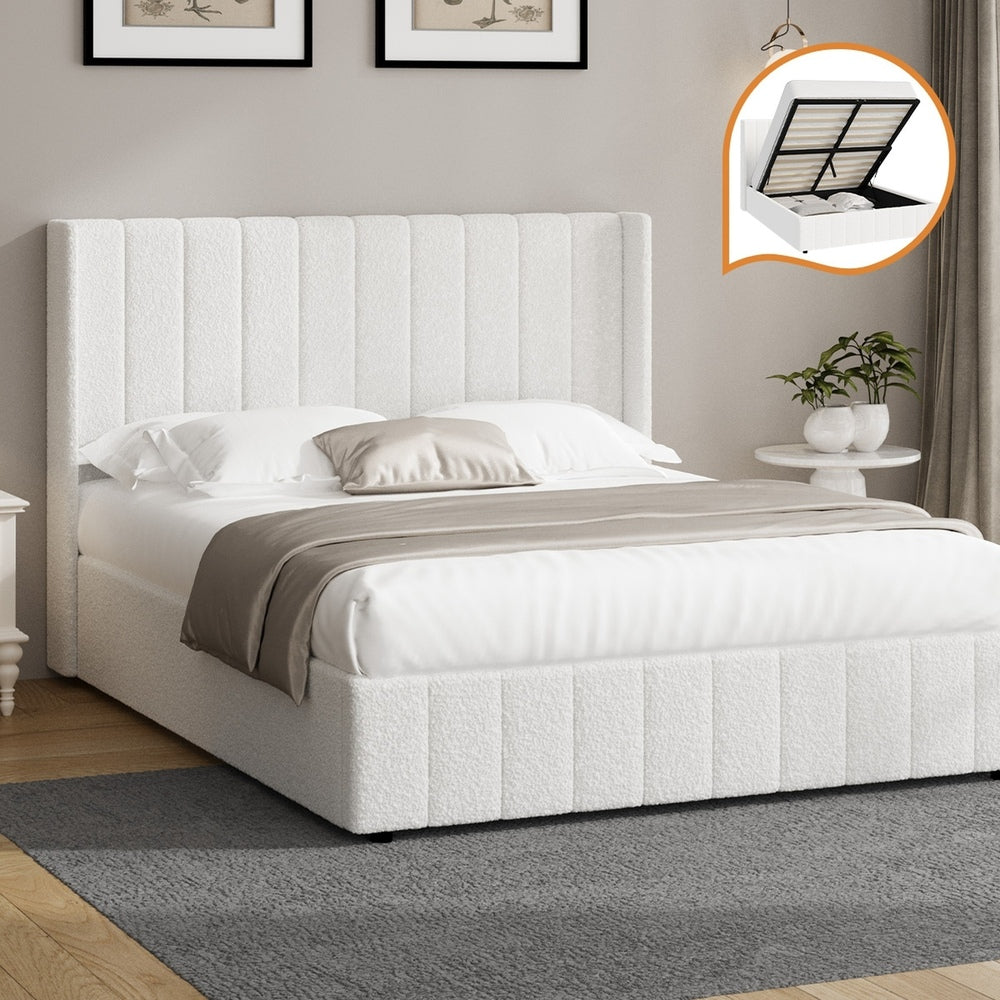 Oikiture Bed Frame Queen Size Gas Lift Base Boucle Fabric White-Bed Frame-PEROZ Accessories