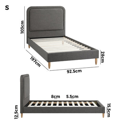 Oikiture Bed Frame Single Size Fabric Grey BOB-Bed Frame-PEROZ Accessories