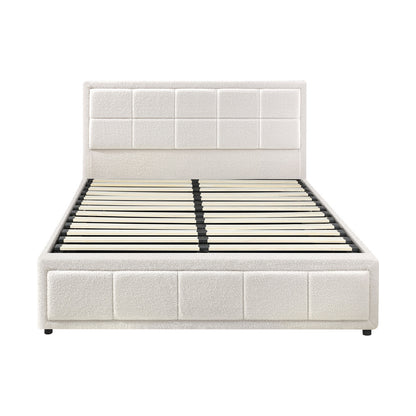 Oikiture Double Bed Frame Gas Lift Storage Base Boucle White-Bed Frames-PEROZ Accessories