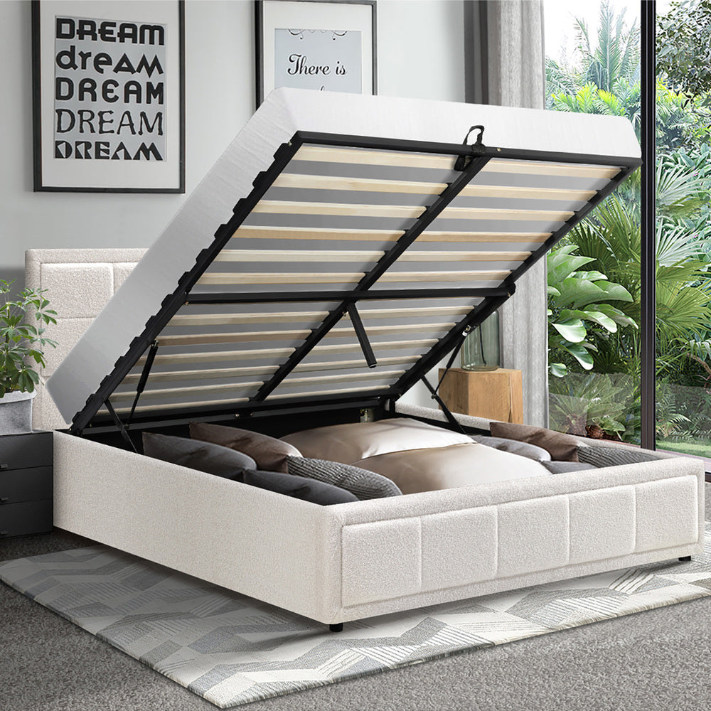 Oikiture Double Bed Frame Gas Lift Storage Base Boucle White-Bed Frames-PEROZ Accessories