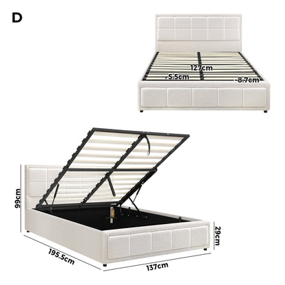 Oikiture Double Bed Frame Gas Lift Storage Base Boucle White-Bed Frames-PEROZ Accessories