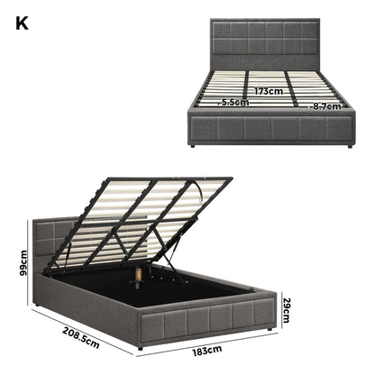 Oikiture Bed Frame King Size Gas Lift Storage Base Fabric Grey-Bed Frames-PEROZ Accessories