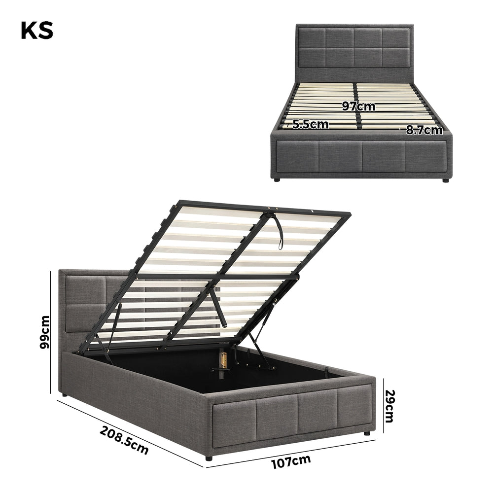 Oikiture Bed Frame King Single Gas Lift Storage Base Fabric Grey-Bed Frames-PEROZ Accessories