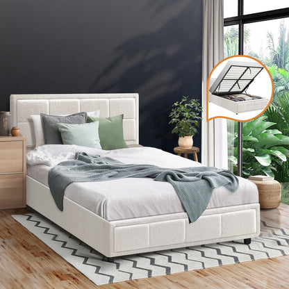 Oikiture Bed Frame King Single Gas Lift Storage Base Boucle White-Bed Frames-PEROZ Accessories