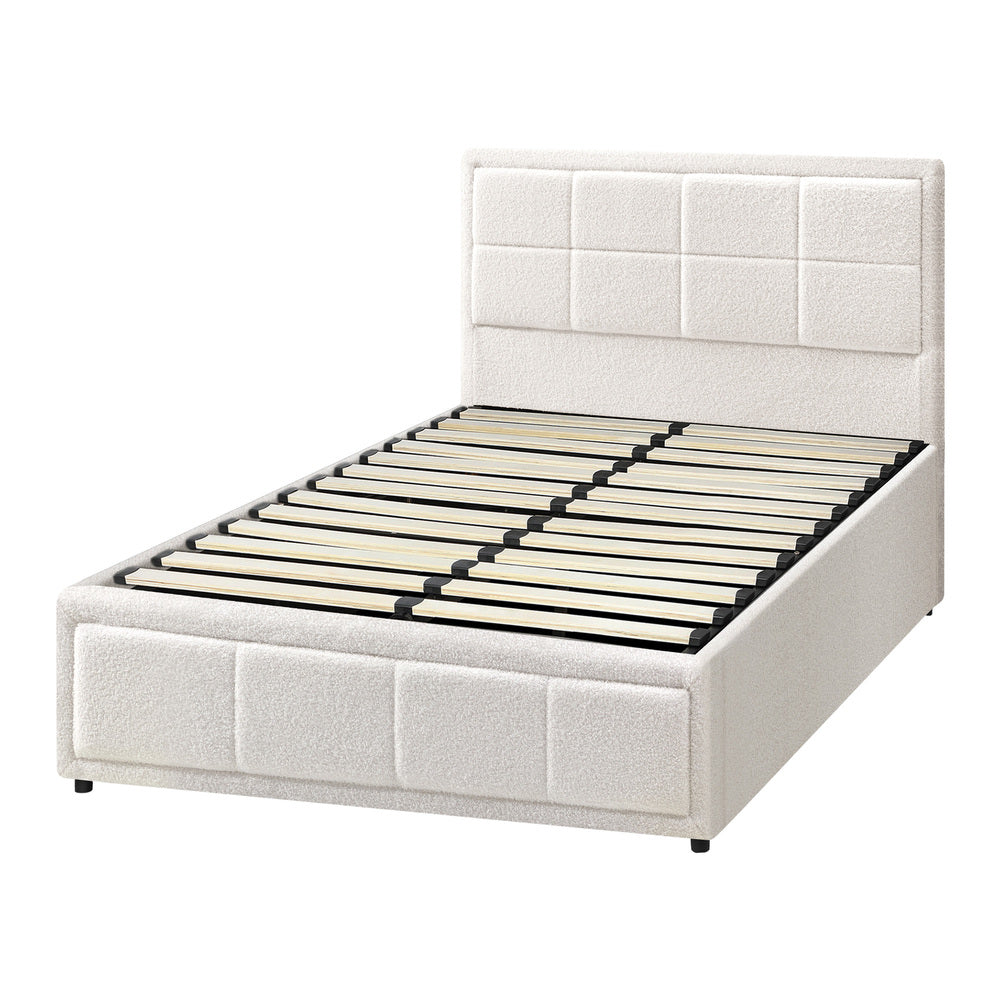 Oikiture Bed Frame King Single Gas Lift Storage Base Boucle White-Bed Frames-PEROZ Accessories
