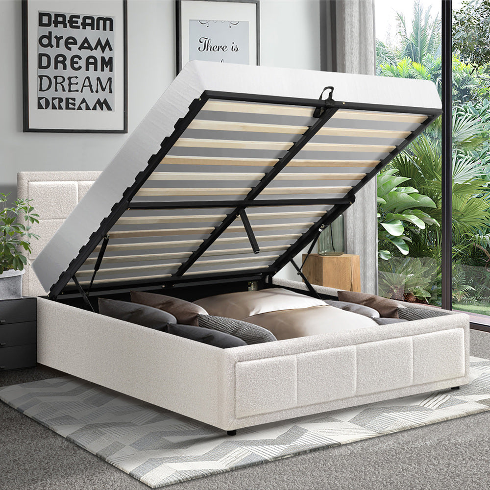 Oikiture Bed Frame King Single Gas Lift Storage Base Boucle White-Bed Frames-PEROZ Accessories