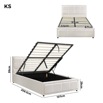 Oikiture Bed Frame King Single Gas Lift Storage Base Boucle White-Bed Frames-PEROZ Accessories