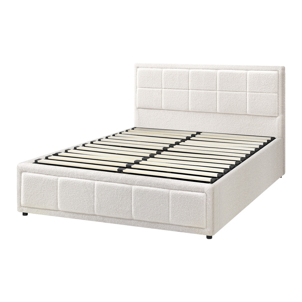 Oikiture Queen Bed Frame Gas Lift Storage Base Boucle White-Bed Frames-PEROZ Accessories