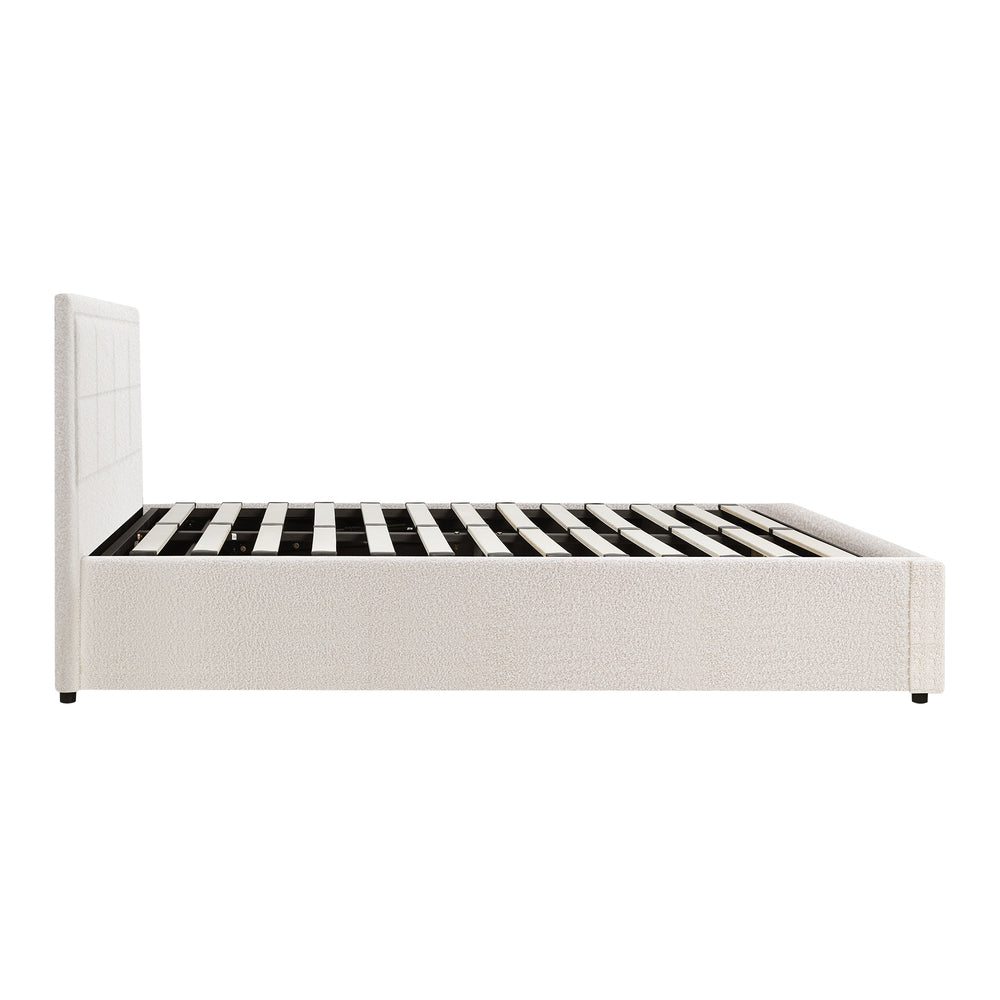 Oikiture Queen Bed Frame Gas Lift Storage Base Boucle White-Bed Frames-PEROZ Accessories