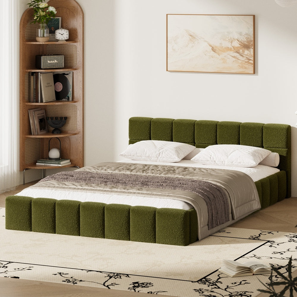 Oikiture Bed Frame Double Size Tufted Headboard Green Boucle-Bed Frame-PEROZ Accessories
