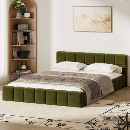 Oikiture Bed Frame Double Size Tufted Headboard Green Boucle-Bed Frame-PEROZ Accessories
