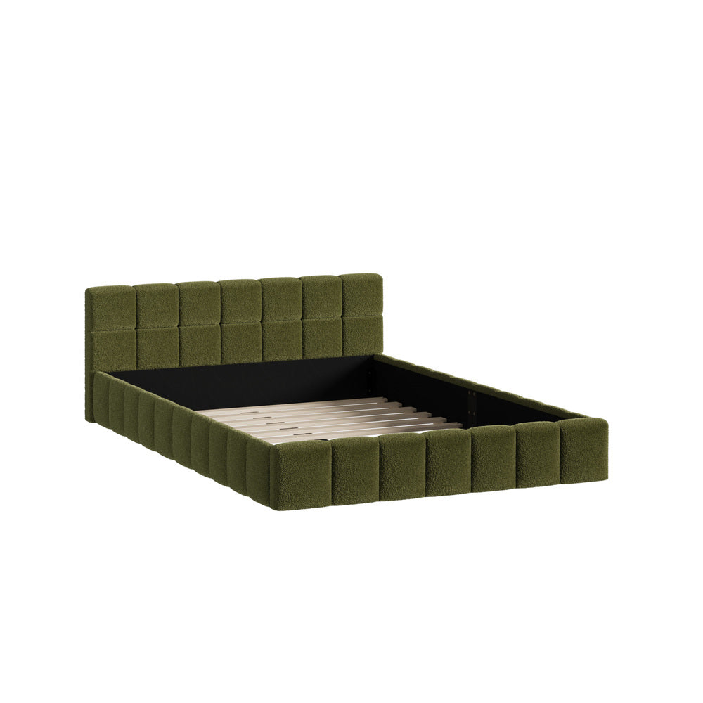 Oikiture Bed Frame Double Size Tufted Headboard Green Boucle-Bed Frame-PEROZ Accessories