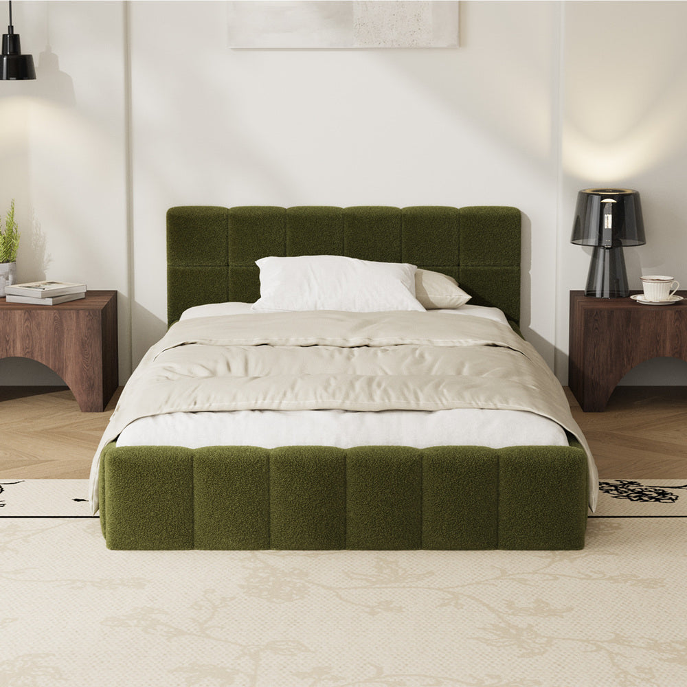 Oikiture Bed Frame King Single Size Tufted Headboard Green Boucle-Bed Frame-PEROZ Accessories