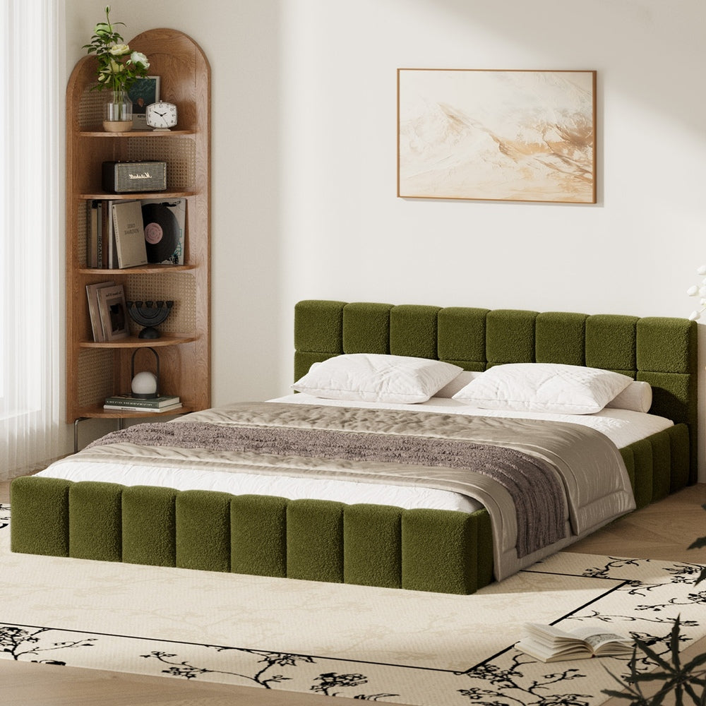 Oikiture Bed Frame Queen Size Tufted Headboard Green Boucle-Bed Frame-PEROZ Accessories