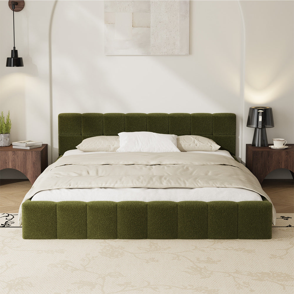 Oikiture Bed Frame Queen Size Tufted Headboard Green Boucle-Bed Frame-PEROZ Accessories
