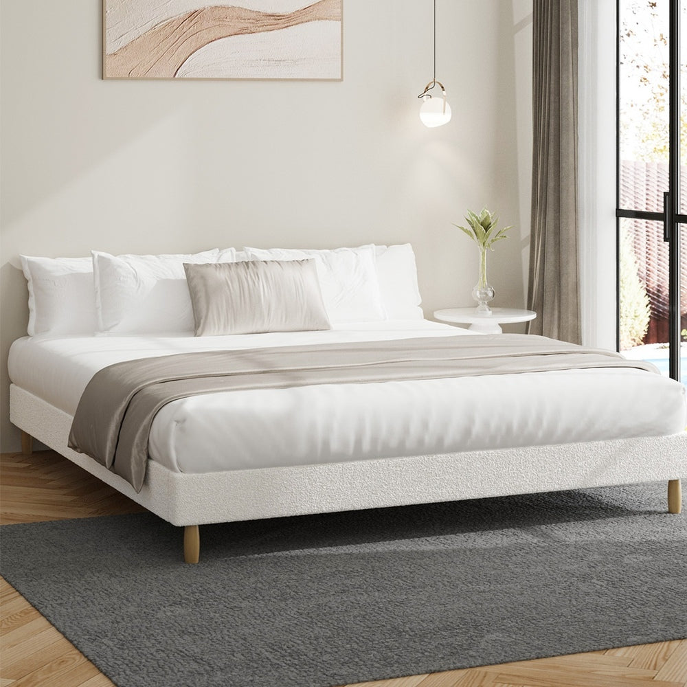 Oikiture Bed Frame King Size Bed Base White Boucle-Bed Frame-PEROZ Accessories
