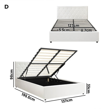 Oikiture Bed Frame Double Size Gas Lift Base Storage Leather White-Bed Frames-PEROZ Accessories