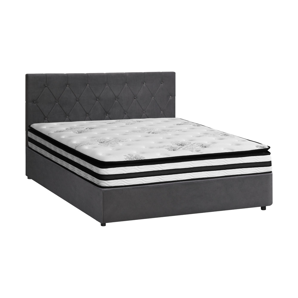 Oikiture Bed Frame Double Size Gas Lift Base with Mattress Velvet Grey-Bed Frame-PEROZ Accessories