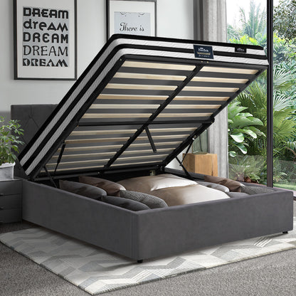 Oikiture Bed Frame Double Size Gas Lift Base with Mattress Velvet Grey-Bed Frame-PEROZ Accessories