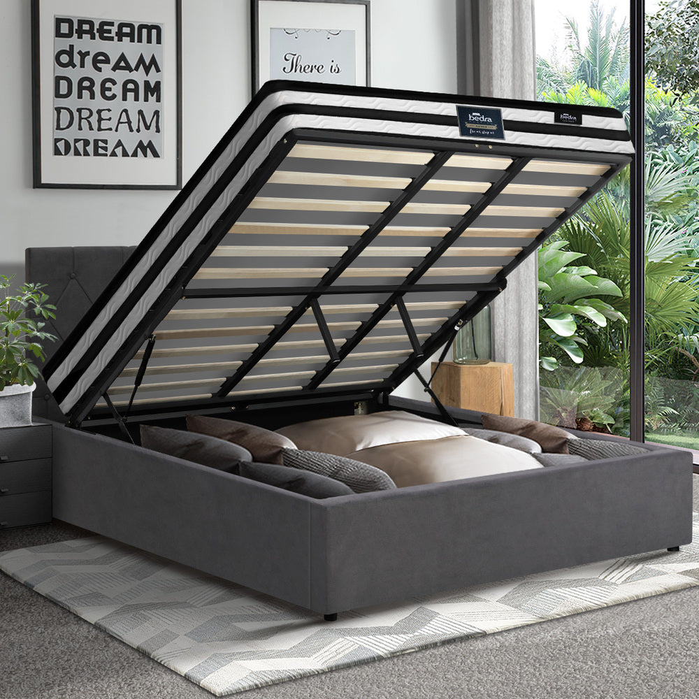 Oikiture Bed Frame King Size Gas Lift Base with Mattress Velvet Grey-Bed Frame-PEROZ Accessories